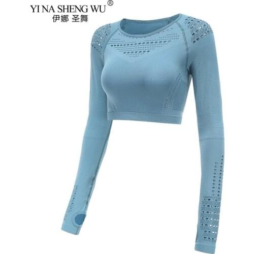 New Women Fitness Yoga Pants Sport Crop Top Long Sleeve Layer Crew Neck Power Stretch Hollowing Out Yoga Top Sexy Gym Clothing
