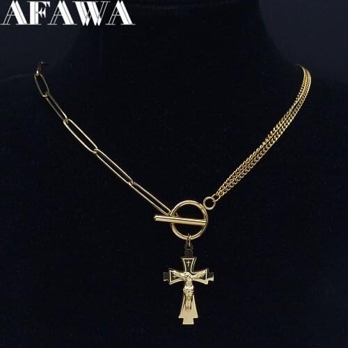2021 Stainless Steel Catholic Cross Chokers Necklaces Women Gold Color Necklace Jewelry chaine acier inoxydable N6013S02