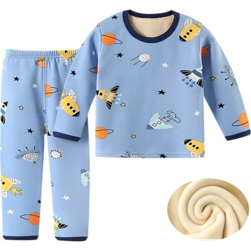 1-7 Yrs Kids Pajamas Set Boys Girls Cotton Unisex Thicken Warm Fleece Pyjamas Dinosaur Clothes Toddler Plush Thermal Underwear