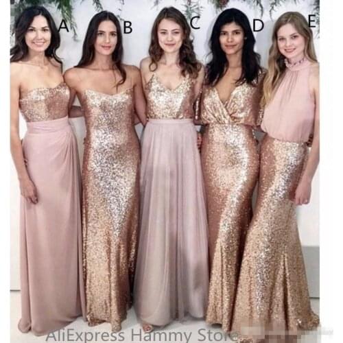 Modest Blush Pink Bridesmaid Dresses Beach Wedding with Rose Gold Sequin Mismatched Wedding Maid of Honor Gowns Women Party Form