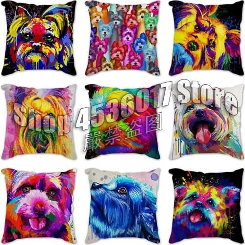 Cool Colorful Pillowcase Yorkie Dog Pillow Cushions Polyester Cushion Cover Throw Pillow Sofa Living Room Decoration Pillowcover