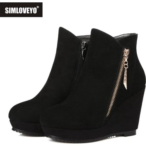 SIMLOVEYO High womens boots Cow Suede Wedge Platform boots Hidden Heel Shoes High Top Casual Shoes Woman ankle boot Zipper Cool