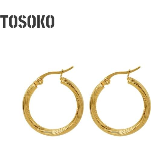 TOSOKO Stainless Steel Jewelry Embossed Geometric Circle Earrings Female Smple Stud Earrings