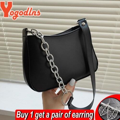 Yogodlns Vintage Chains Baguette Bag For Women PU Leather Armpit Bags Designer Shoulder Messenger Bag 2021 New Crossbody Bag sac