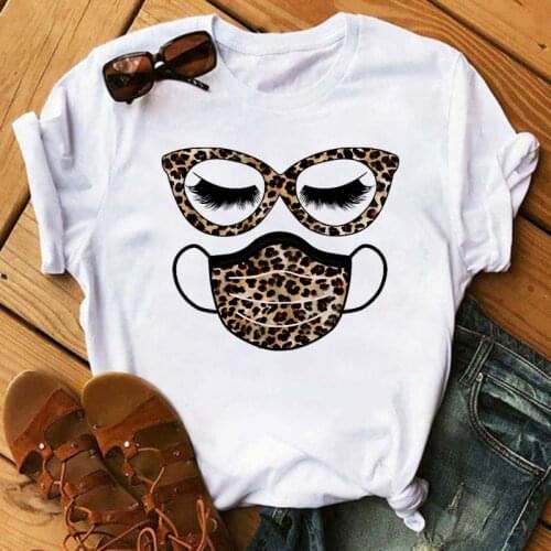 Kawaii Leopard Eyelashes Mask New T-shirt Women Summer Casual Short Sleeve Fashion 90s Tshirt Loose Round Neck Tops Tees