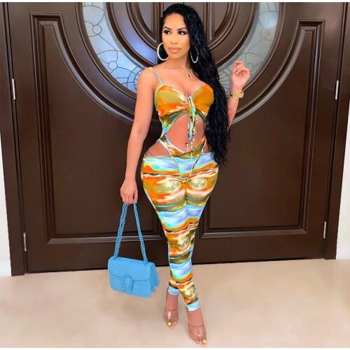 2021 New Arrival Famous Brand Jumpsuits Tie Dye Print Hollow Out Spaghetti Strap Summer Sexy Club Bodycon Rompers