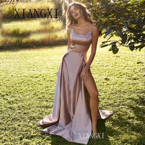 Simple Blush Pink Prom Dresses 2020 Satin A-Line Sexy High Split Long Prom Gowns Evening Party Dress Robe De Soiree