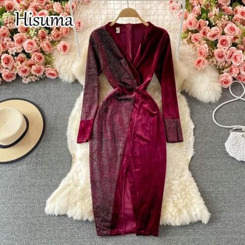 2021 autumn new women v-neck sequins long sleeve velvet sheath dress female Chic elegant waist split bling party dresses