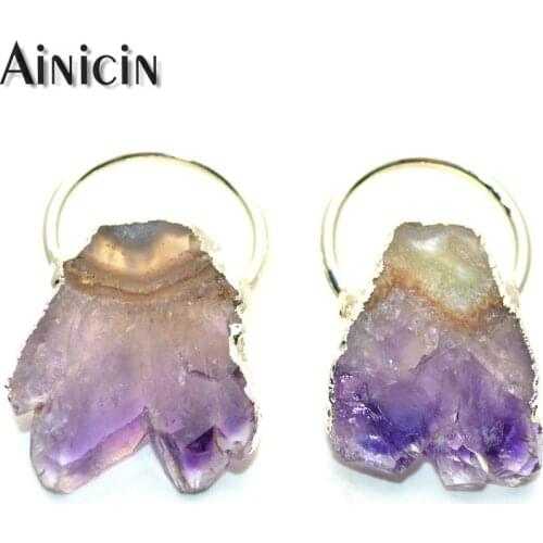 5pcs Natural Druzy Purple Crystal Fan Shape Silver Plating Big Circle Pendants for DIY Jewelry Making Findings