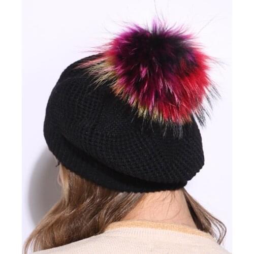 Women Wool Black Knit Beret Hats With Colorful Real Fur pompom New Casual Winter Fur Ball Beaneis Hats For Ladies Girls Gorros
