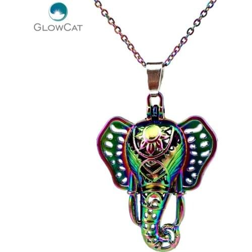 C131 Rainbow Color Hindu Elephant God Animal Bead Pearl Cage Necklace Pendant Aroma Essential Oil Diffuser Locket Necklace