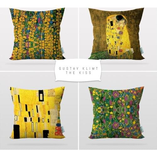 Cipcici Gustav Klimt Kiss 4 Pieces Pillow Case Set Art Decor Sofa Cushion Cover Printable Art Reversible 2 Side