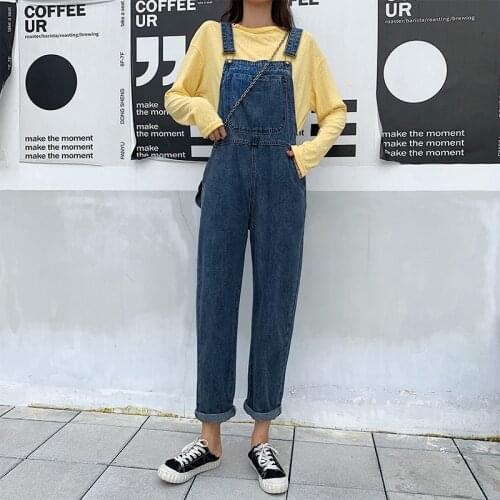 Denim Bib Pant Female Jumpsuit Women Clothing 2020 College Style Overalls Female Nine Point Straight Loose Korean Jeans Are Thin