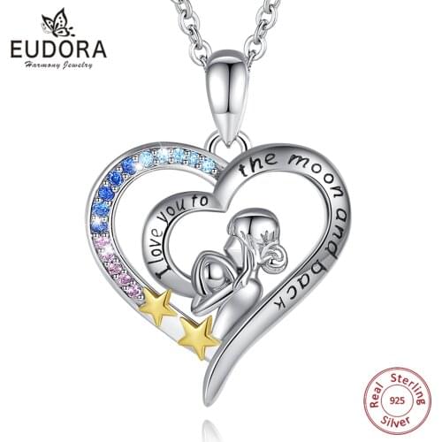 Eudora Real 925 Sterling Silver Mother And Baby Blue Crystal Heart Necklace Pendant Star Fashion Jewelry for Mothers Gift 702