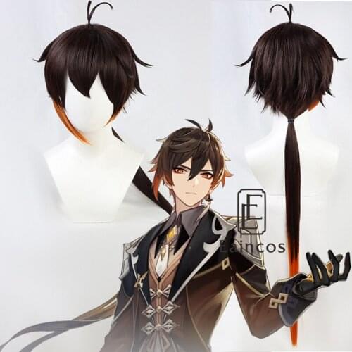 Genshin Impact ZhongLi Cosplay Wig Halloween Party Role Play Brown Orange Long Heat Resistant Synthetic Hair