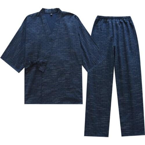 2021Japanese Kimono Two-piece Mens Spring and Summer New 100% Cotton Bathrobe Two-piece Long Pajamas Home Service Set Robe Sets