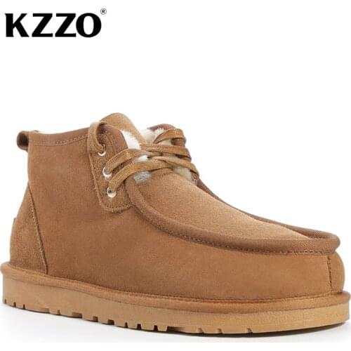 KZZO Australian Sheepskin Leather Classic Ankle Snow Boots For Men Shearling Lined Winter Warm Non-slip Lace-up Shoes Flat Black