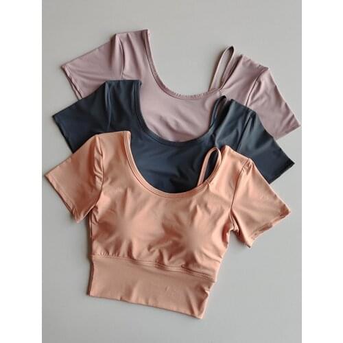 2021 Summer Womens T-Shirts Short Sleeve With Chest Pad Sexy Tight Slim Fitness Blouses Workout Yoga Shirt Crop Top Shirts