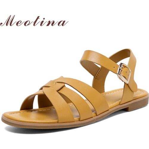 Meotina Women Gladiator Shoes Genuine Leather Sandals Buckle Flat Sandals Square Toe Cow Leather Ladies Footwear Summer Yellow