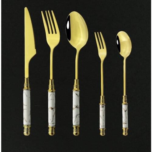 Ceramic Gold Dinnerware Set Stainless Steel Cutlery Home Cake Fork Spoon Knife Dinner Set White Gold Flatware Set Dropshipping
