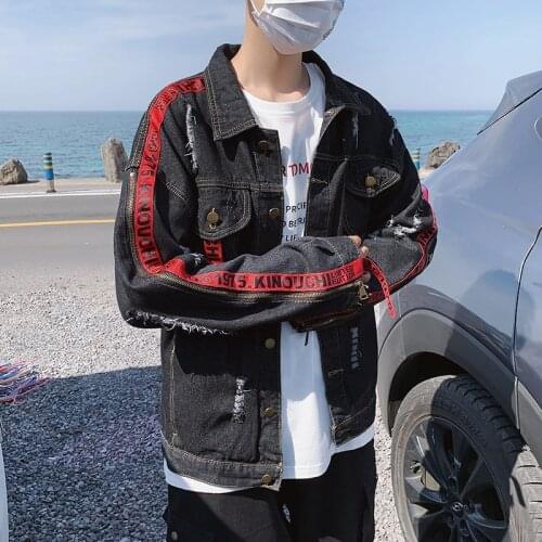 Wholesale 2020 Hong Kong style denim jacket male ribbon trend student zipper hole spring autumn teenagers denim jacket clothes