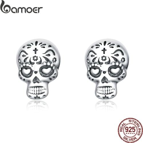 Bamoer Authentic 925 Sterling Silver Gothic Cool Skull Stud Earrings for Women and Men Silver 925 Fashion Jewelry SCE953