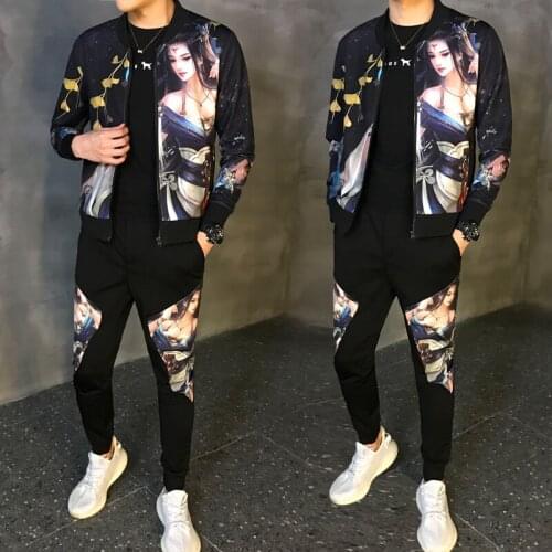 Autumn Mens Sportwear Suit Sweatshirt Fashion Printed Tracksuit Men Casual Active Suit Zipper Outwear Jacket+Pants 2 Piece Sets