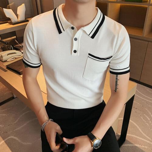 Striped Polo Shirt Office Business Black Polos Para Hombre Knitted Stripe Slim Shirt Trendy Pocket Breathable Polo Shirt Men