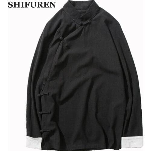SHIFUREN 2019 Spring New Men Cotton Linen Shirts Breathable Vintage Chinese Tradition Long Sleeve Tang Male Social Shirts