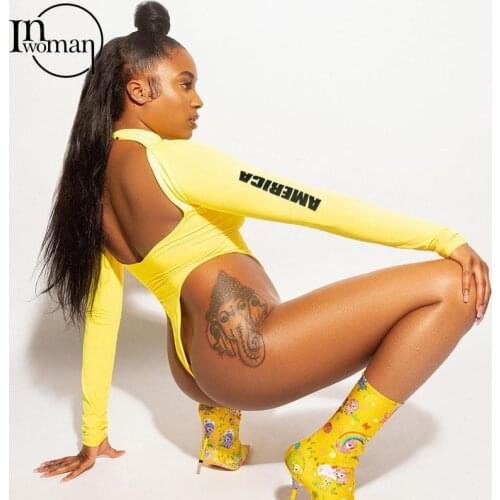 Inwoman Sexy Bodycon Women Knitted Yellow Pink Tops Romper Skinny One Piece Bodysuit Female 2021 Hollow Out Long Sleeve Bodysuit