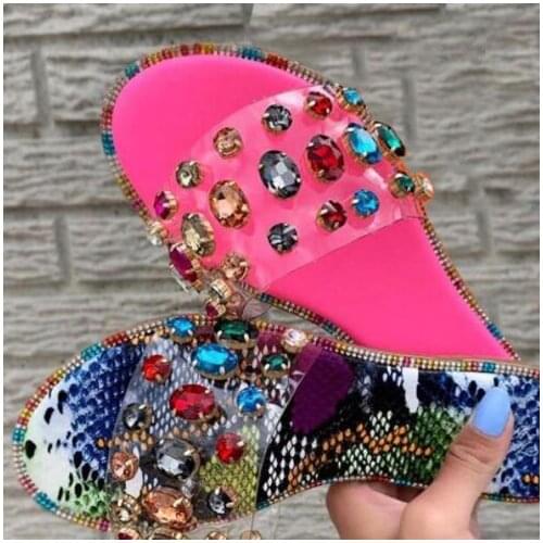 New slippers, summer womens sandals colored gemstones beaded, flat non-slip durable beach slippers, home leisure flip flop 2020