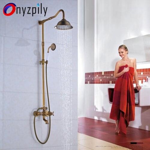 Shower Faucet Mixers Antique Brass Dual Handle Rainfall 8" Brass Shower Head with Bath Storage Shelf and Hooks Shower Water Tap