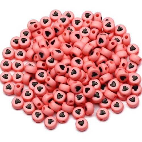Light Pink Round 4x7mm Loose Spacer Beads Black Heart Pattern Acrylic Beads For DIY Necklace Bracelet Jewelry Design Accessories