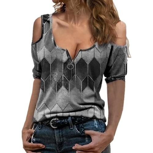 Off Shoulder Tops Women Fashion Casual T-Shirts Plaid Print Short Sleeve V-neck Zipper O-Neck Tee Shirt ropa mujer Femme Tshirts