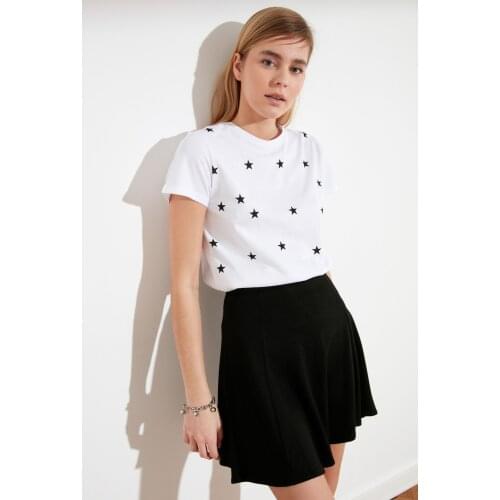 Womens White Star Printed Basic Knitted Cotton T-Shirt Custom Design Daily Casual Fashion