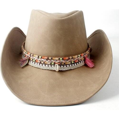 Women Men Unisex Vintage Wide Brim Leather Cowboy Cowgirl Western Hat With Tassel Braid Leather Band