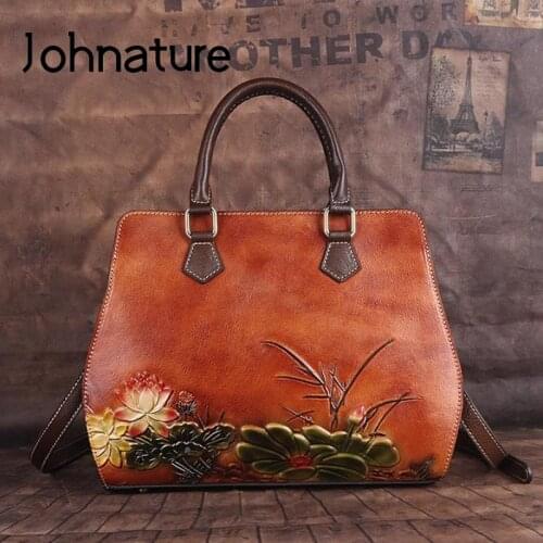 Johnature Handmade First Layer Cow Leather Women Bag 2021 New Vintage Embossing Shoulder Bags Large Capacity Leisure Handbag