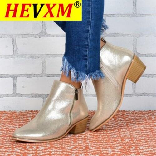 Womens Ankle Boots Fashion Zip Glitter Shoes 2020 Women PU Leather Square Heel Boots Female Waterproof Ladies Shoes Botas Mujer