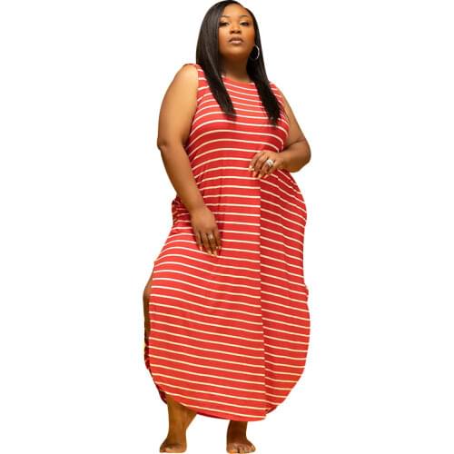 L-4XL women clothing summer 2021 plus size dress fashion casual stripe sleeveless o neck long dresses Wholesale Dropshipping