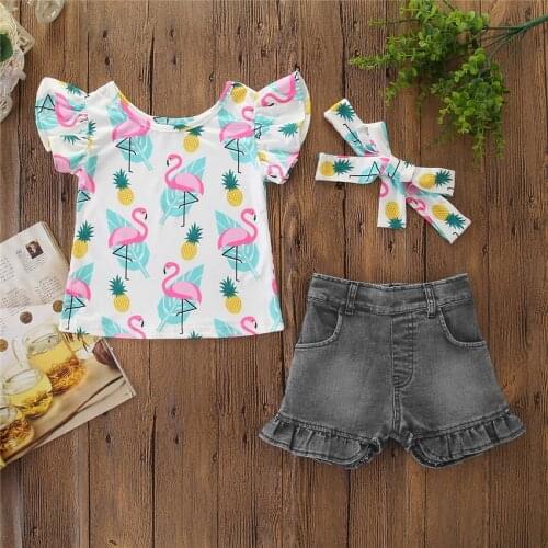 2021 Baby Summer Clothing 1-6Y Infant Kids Baby Girls Flamingo Clothes Sets Floral Tops T-shirt Denim Pants Sash Shorts Outfits