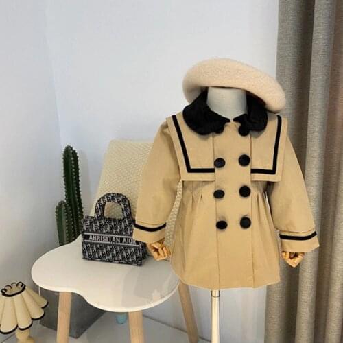 2021 Double Breasted Black Collar Children Windbreaker Jacket Kids Girls Trench Coat Outerwear Coats Princess Jackets For Girls