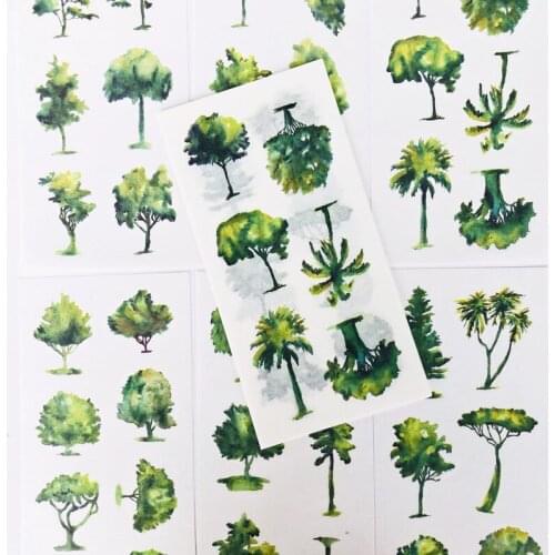 6 Sheets /Pack Watercolored Green Trees Paper Stickers DIY Decorative Sealing Paste Stickers