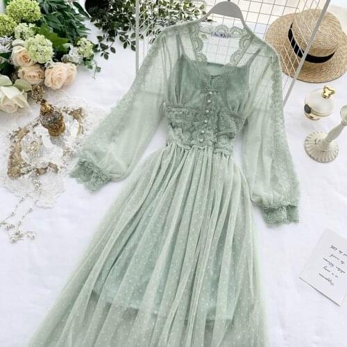 Summer Dot Prom Party Sexy Slim Swing Long Dress Women Mesh Lace Crochet Dresses V-neck Elegant Prom Puff Sleeves Dress Women