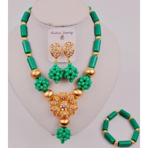 Pretty Cyan Green Nigerian Traditional Wedding Beads African Fashion Jewelry Set ZJQ7-8