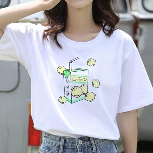 Oversize T Shirt Kawaii Cartoon Fruit Juice Print Women Summer Short Sleeve Female Clothing White Top Tee Fashion White T Shirt