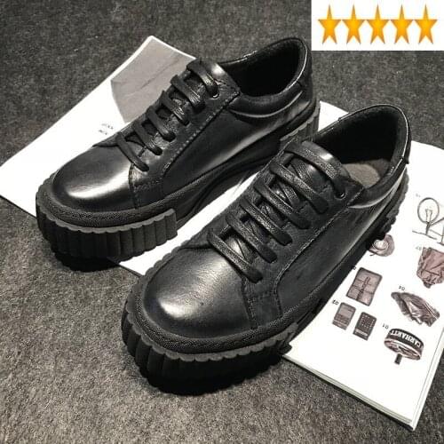 Casual Vintage Leather Genuine Cow Men Lace Up Black Flat Shoes Round Toe Luxury Street Hip Hop Sneakers Trainers Footwear
