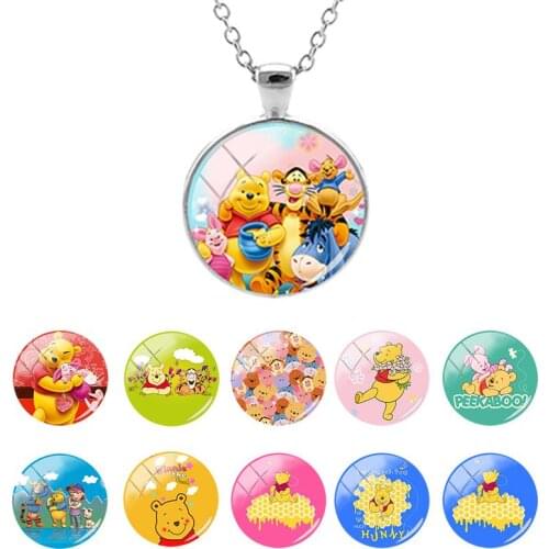Disney Pooh Bear New Fashion Classic Flat Bottom Glass Dome Pendant Necklace Gift for Girls Cabochon Jewelry High Quality WN502