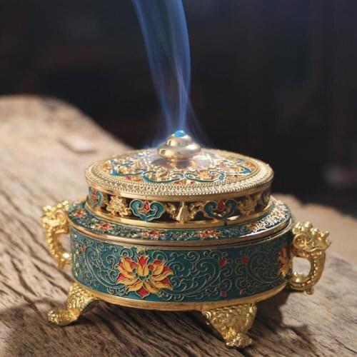 Newly Zen Antique Tibetan Incense Burner Coil Incense Aroma Censer Home Decor Arornament alloy Plated copper Enamel with Holder
