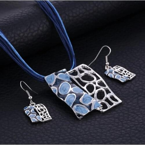 Colorful Leather Rope Chain Pendant Necklace Square Charm Vintage Women Enamel Choker Necklace Drop Earrings Jewelry Sets