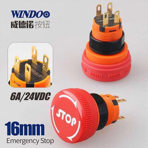 WINDOO 16mm Plastic push button switch Plastic button switch red mushroom head emergency stop button